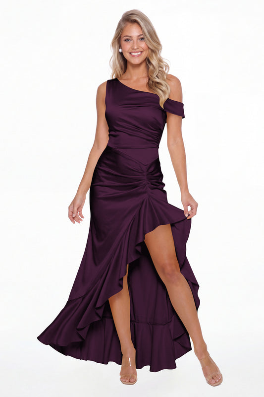 Plum One Shoulder Ruched Satin Ruffle Prom Dress - Front View