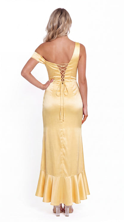 One Shoulder Ruched Satin Ruffle Prom Dress - Back View