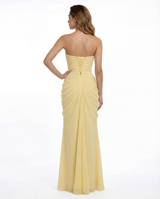 Strapless Chiffon Slit Maxi Gown - Back View