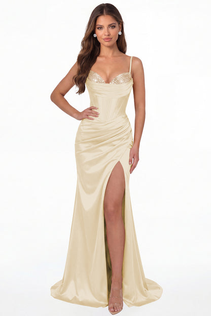 Champagne Sequin Sweetheart Corset Satin Ruched Slit Prom Gown - Front View