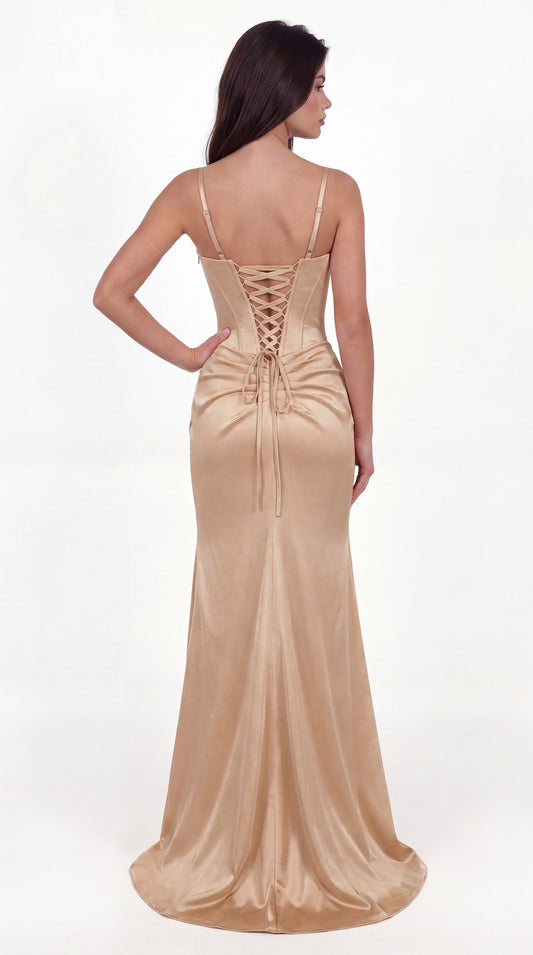 Sequin Sweetheart Corset Satin Ruched Slit Prom Gown - Back View