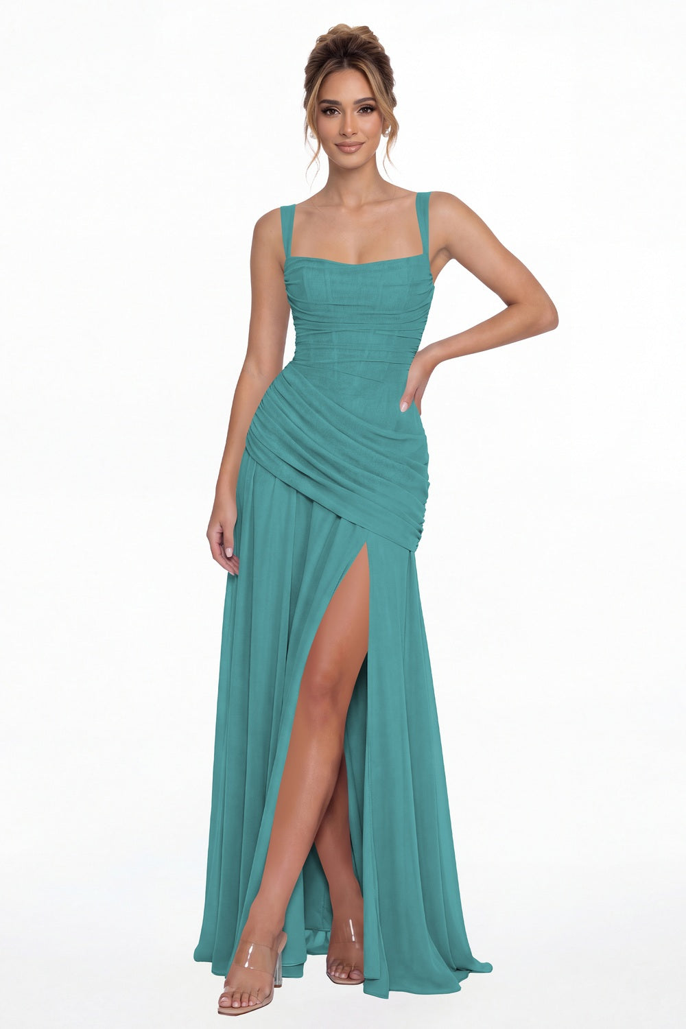 Aqua Blue Square Neck Ruched Chiffon Slit Maxi Gown - Front View