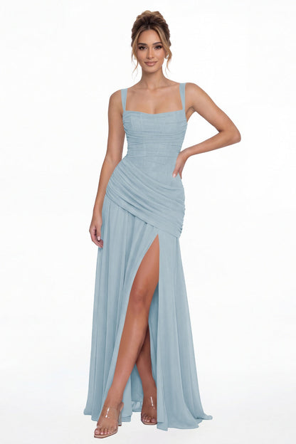Baby Blue Square Neck Ruched Chiffon Slit Maxi Gown - Front View