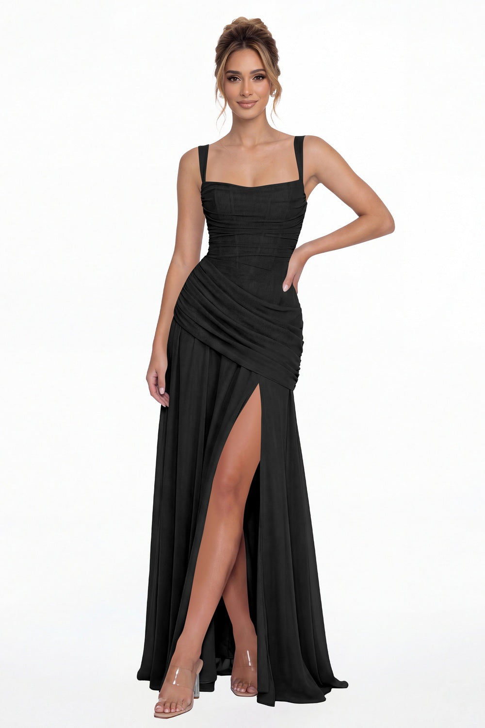 Black Square Neck Ruched Chiffon Slit Maxi Gown - Front View
