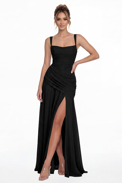 Black Square Neck Ruched Chiffon Slit Maxi Gown - Front View