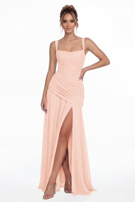 Blush Pink Square Neck Ruched Chiffon Slit Maxi Gown - Front View