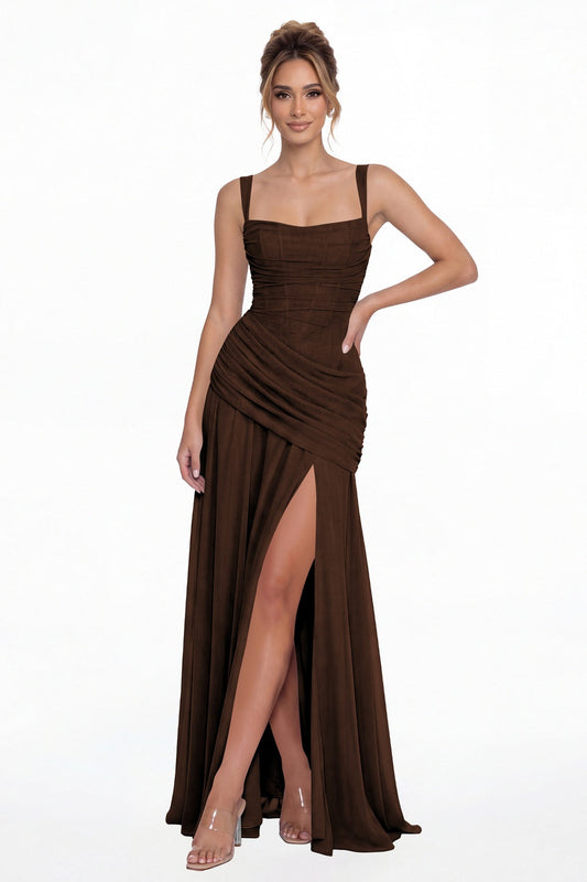 Brown Square Neck Ruched Chiffon Slit Maxi Gown - Front View