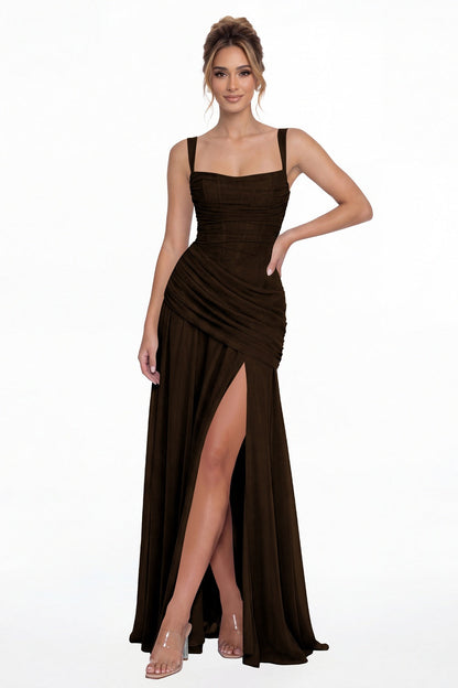 Brown Square Neck Ruched Chiffon Slit Maxi Gown - Front View
