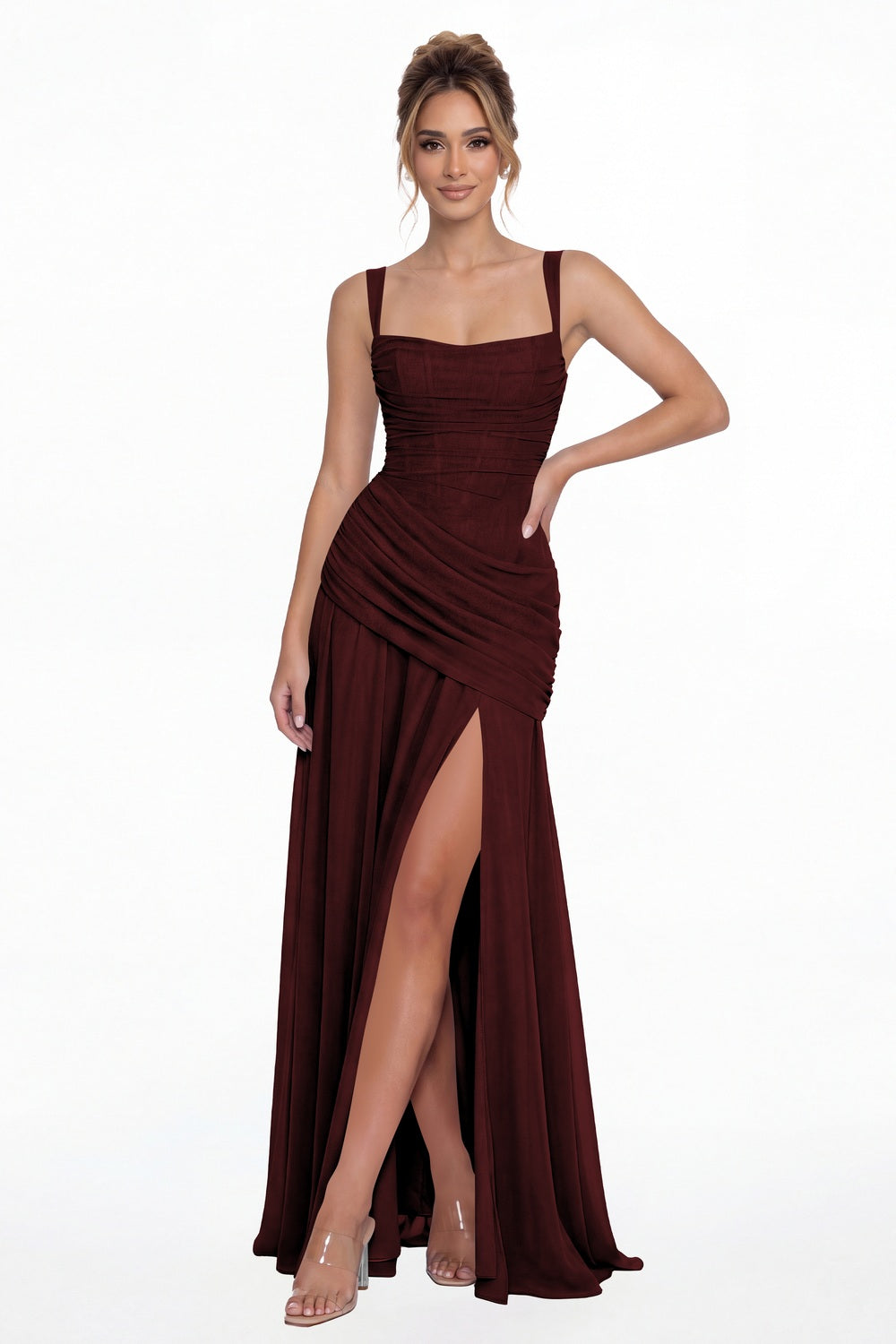 Burgundy Square Neck Ruched Chiffon Slit Maxi Gown - Front View