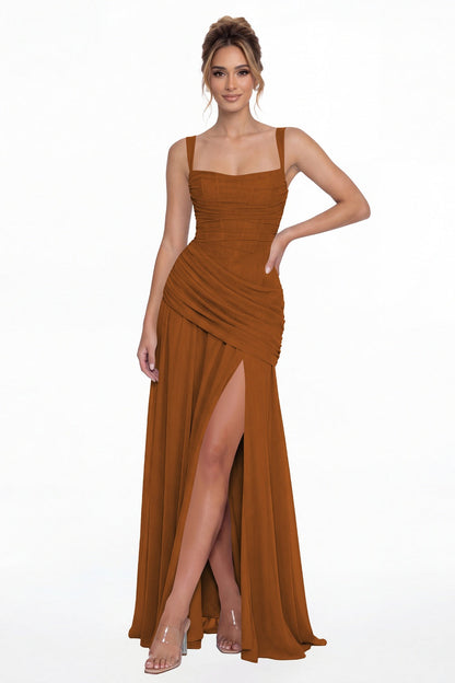 Burnt Orange Square Neck Ruched Chiffon Slit Maxi Gown - Front View