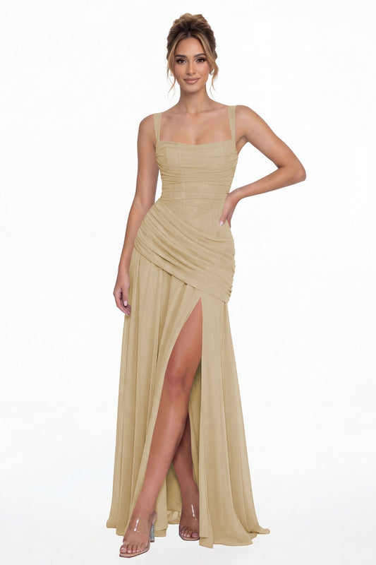 Champagne Square Neck Ruched Chiffon Slit Maxi Gown - Front View