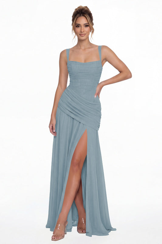 Dusty Blue Square Neck Ruched Chiffon Slit Maxi Gown - Front View