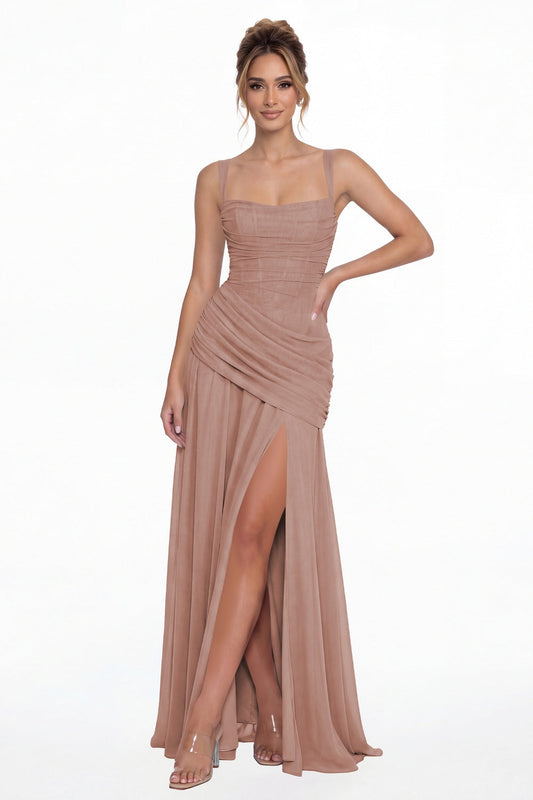Dusty Rose Square Neck Ruched Chiffon Slit Maxi Gown - Front View