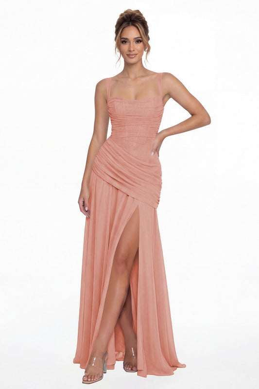 Dusty Rose Square Neck Ruched Chiffon Slit Maxi Gown - Front View