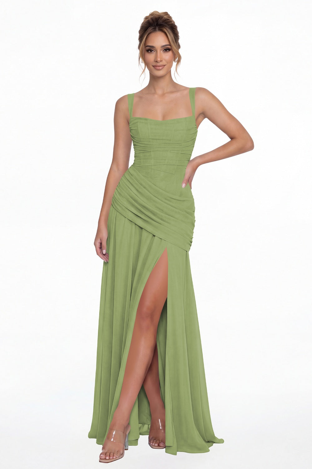 Dusty Sage Square Neck Ruched Chiffon Slit Maxi Gown - Front View