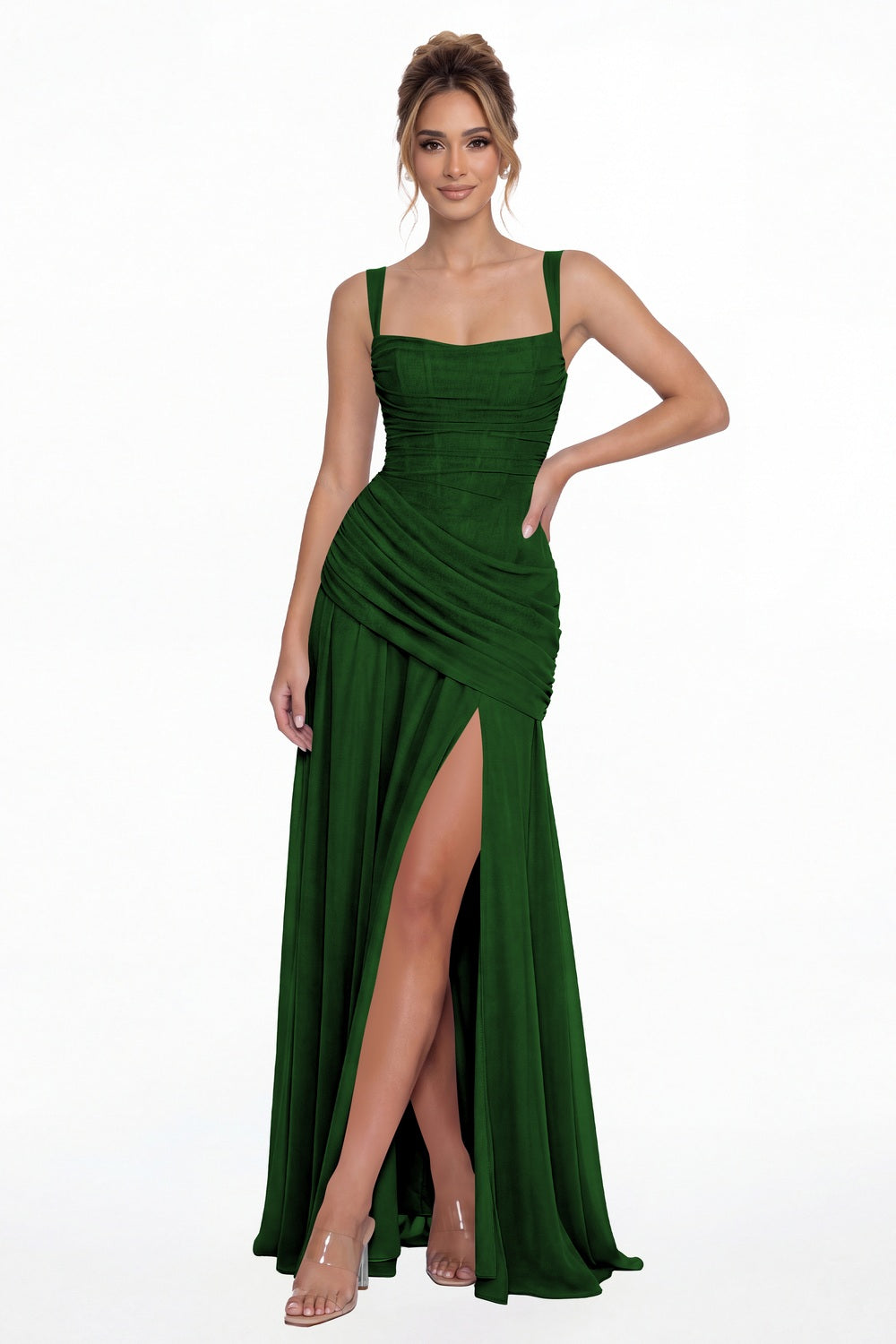 Emerald Green Square Neck Ruched Chiffon Slit Maxi Gown - Front View