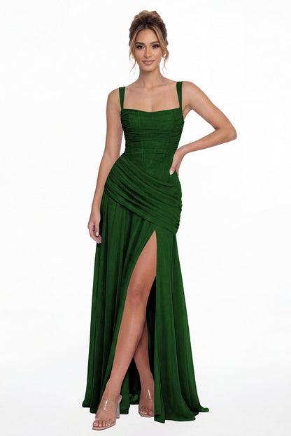Emerald Green Square Neck Ruched Chiffon Slit Maxi Gown - Front View
