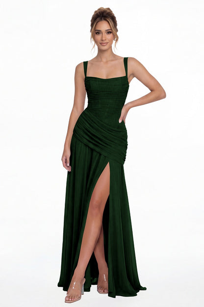 Emerald Green Square Neck Ruched Chiffon Slit Maxi Gown - Front View