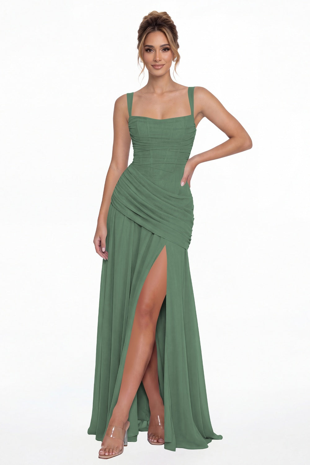 Eucalyptus Square Neck Ruched Chiffon Slit Maxi Gown - Front View