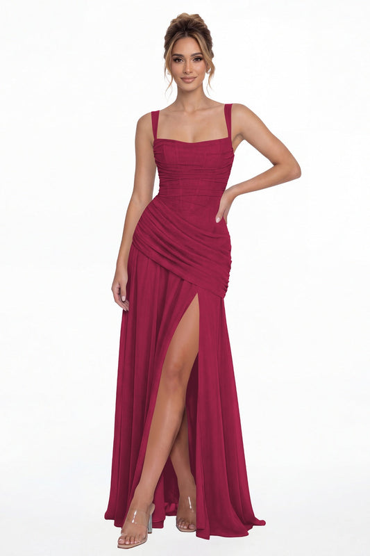 Fuchsia Square Neck Ruched Chiffon Slit Maxi Gown - Front View