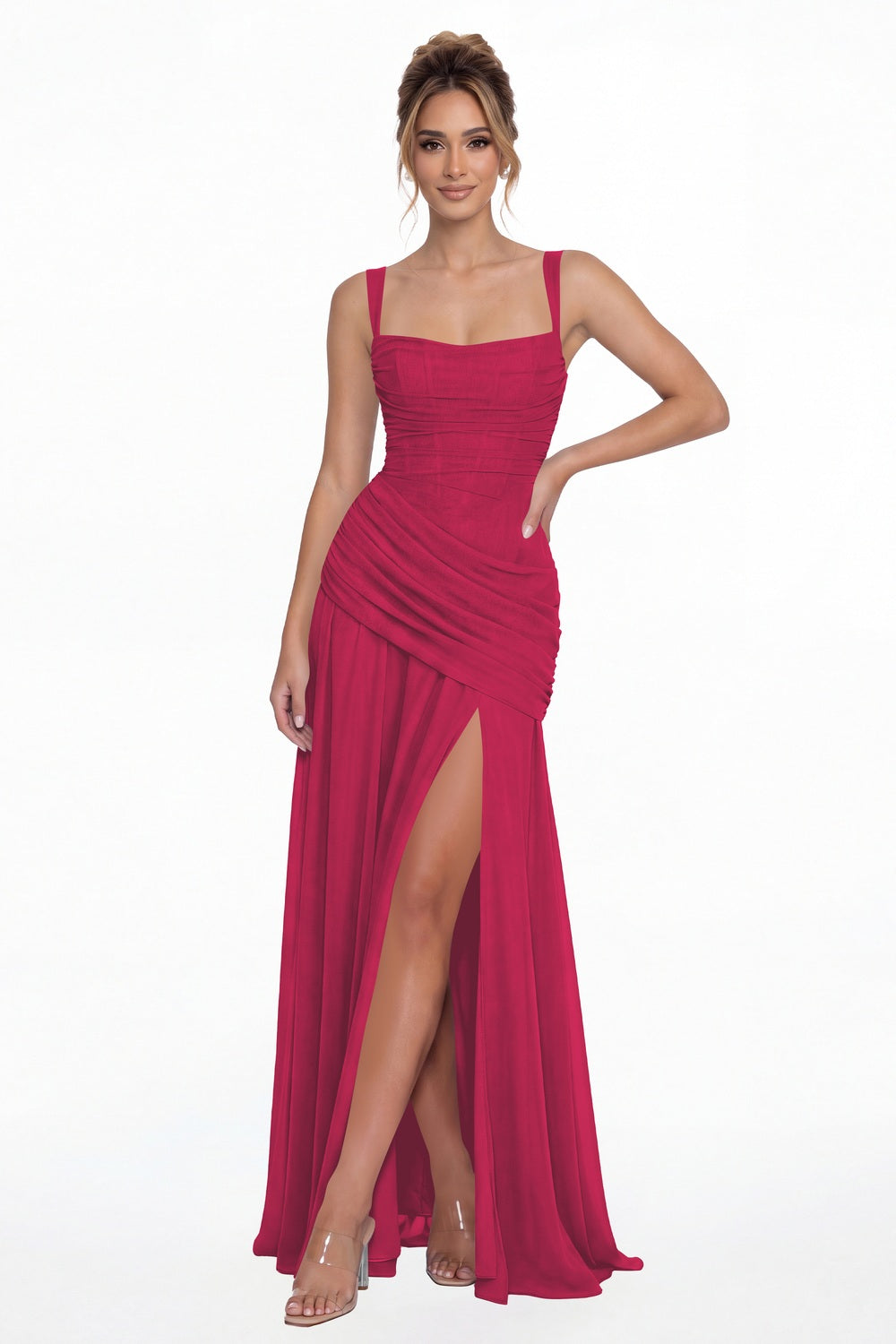 Fuchsia Square Neck Ruched Chiffon Slit Maxi Gown - Front View