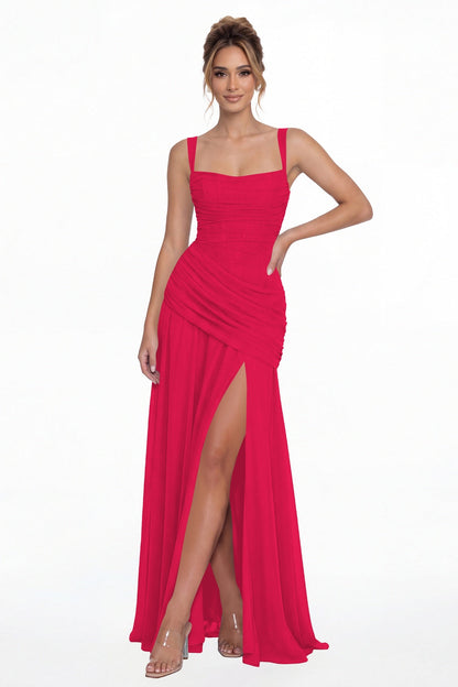 Hot Pink Square Neck Ruched Chiffon Slit Maxi Gown - Front View