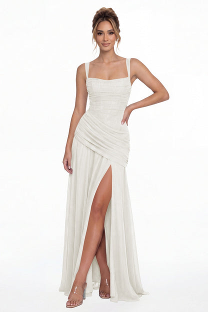 Ivory Square Neck Ruched Chiffon Slit Maxi Gown - Front View