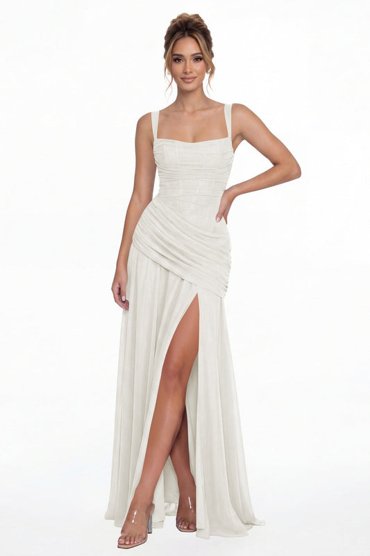 Ivory Square Neck Ruched Chiffon Slit Maxi Gown - Front View