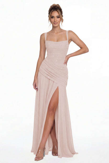Light Pink Square Neck Ruched Chiffon Slit Maxi Gown - Front View