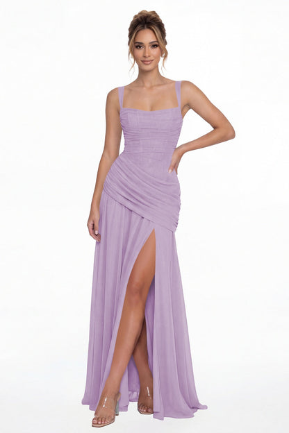 Lilac Square Neck Ruched Chiffon Slit Maxi Gown - Front View