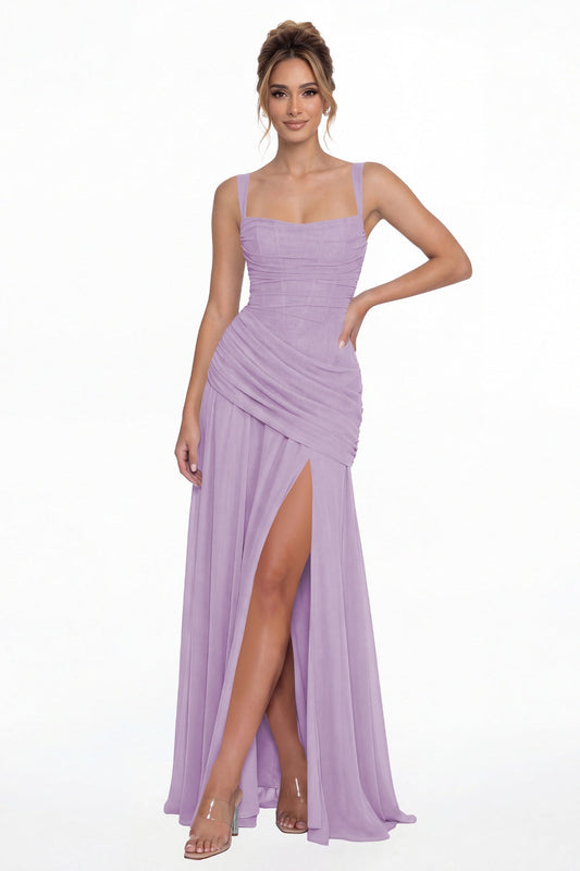Lilac Square Neck Ruched Chiffon Slit Maxi Gown - Front View