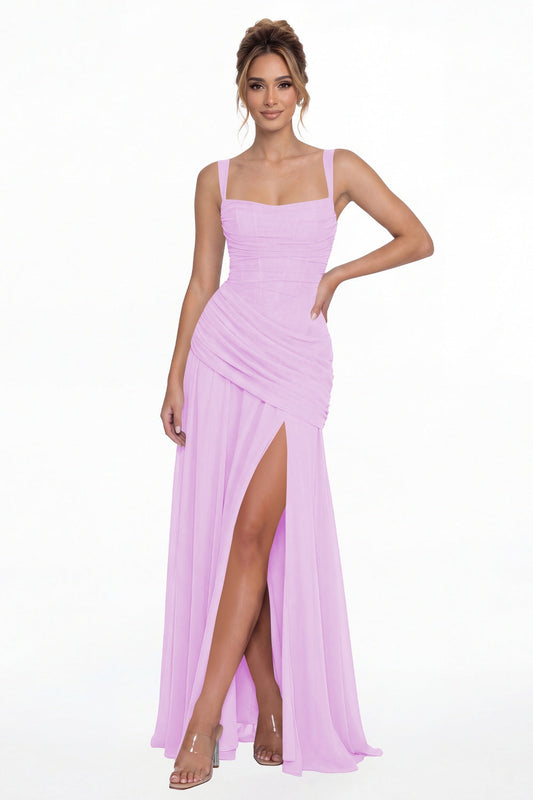 Lilac Square Neck Ruched Chiffon Slit Maxi Gown - Front View