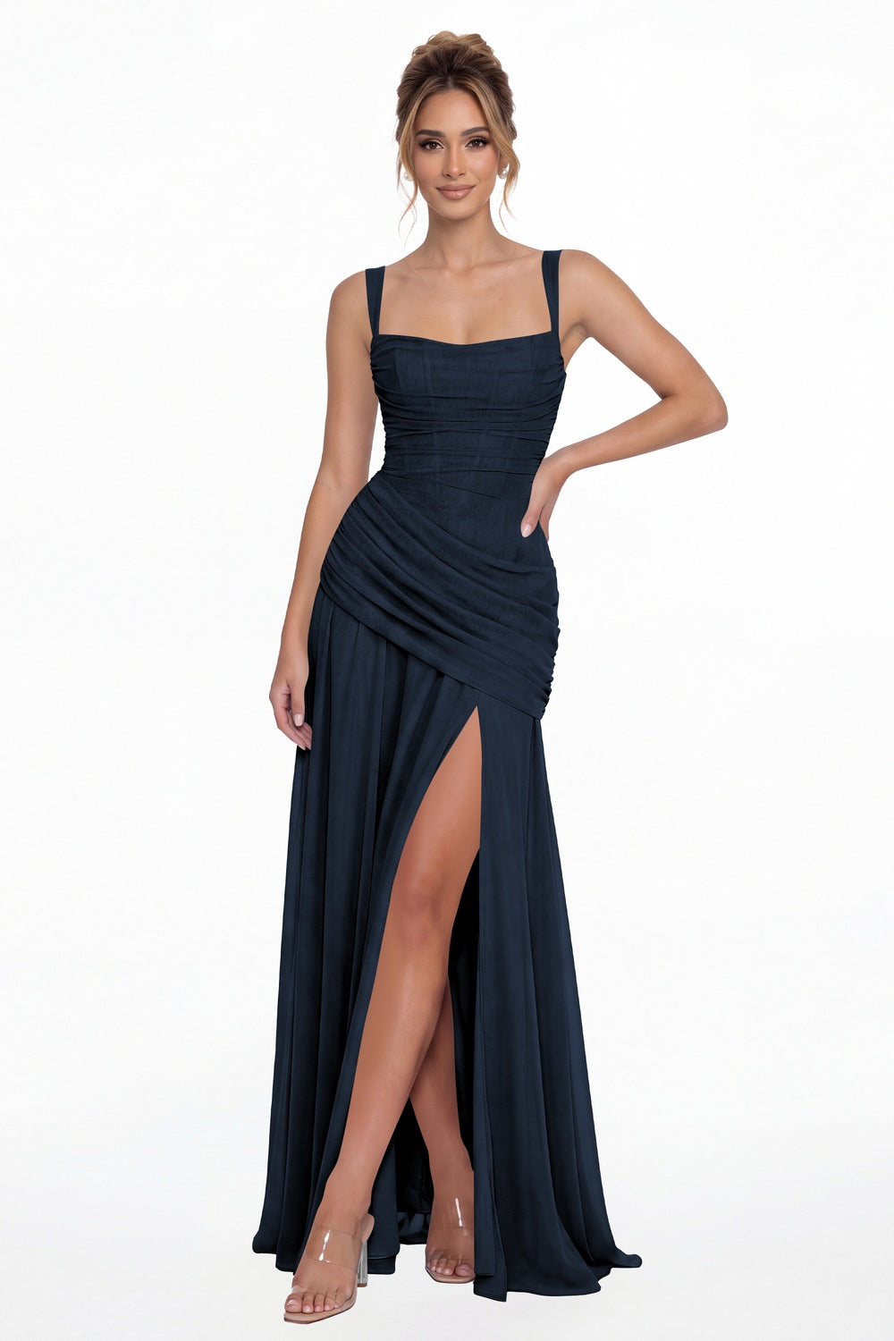 Navy Blue Square Neck Ruched Chiffon Slit Maxi Gown - Front View