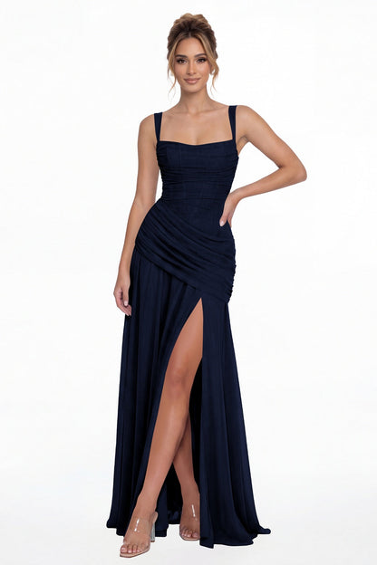 Navy Blue Square Neck Ruched Chiffon Slit Maxi Gown - Front View