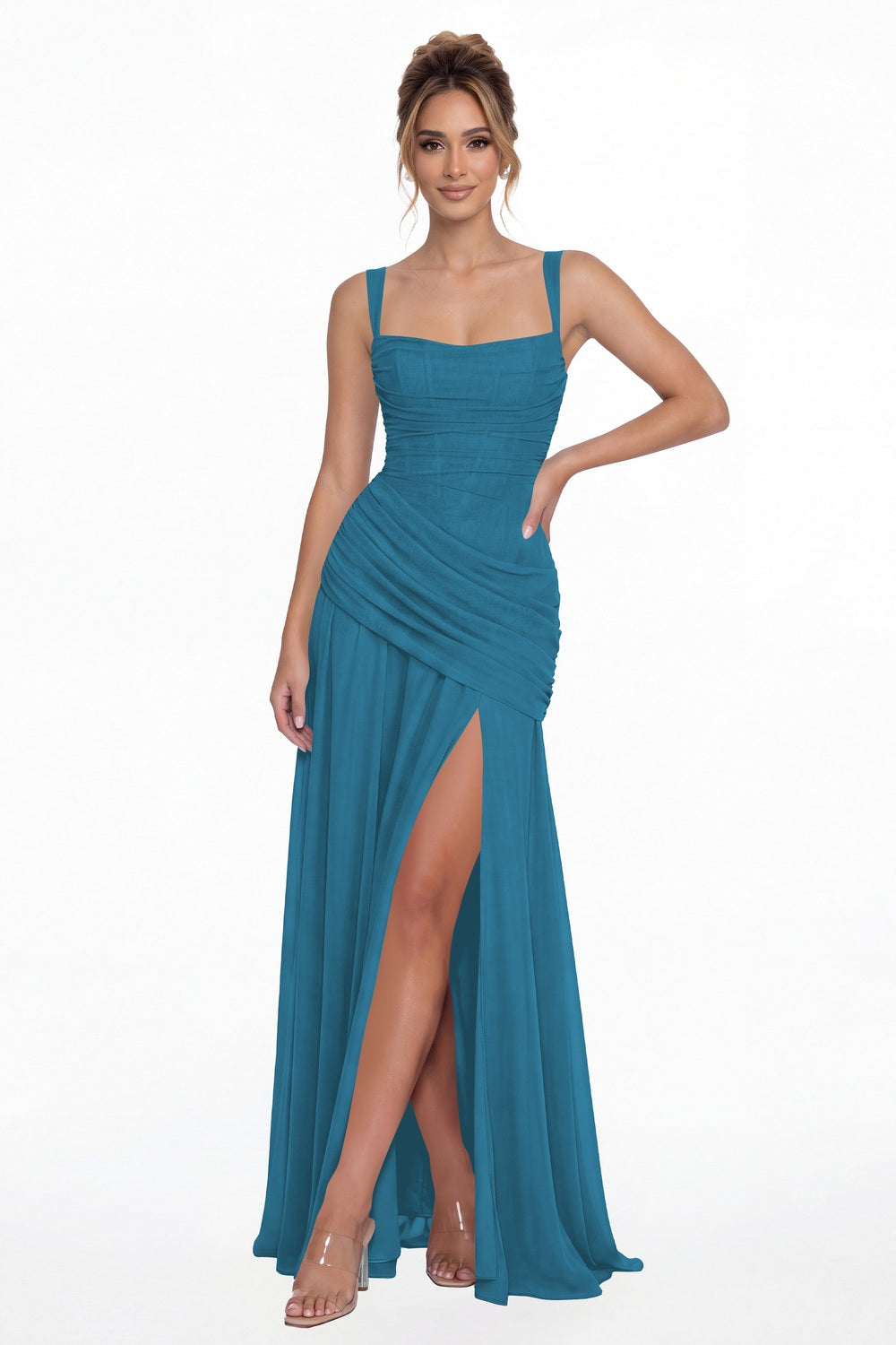 Ocean Blue Square Neck Ruched Chiffon Slit Maxi Gown - Front View