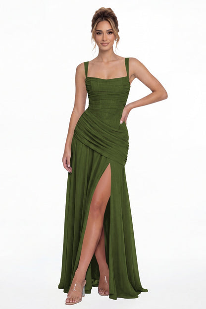 Olive Green Square Neck Ruched Chiffon Slit Maxi Gown - Front View