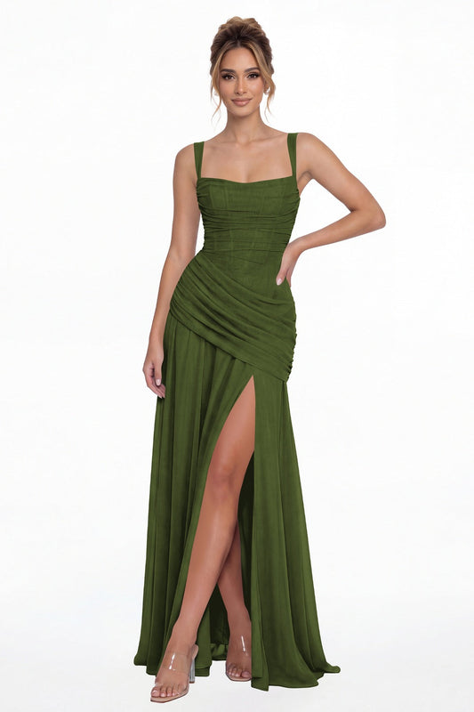 Olive Green Square Neck Ruched Chiffon Slit Maxi Gown - Front View