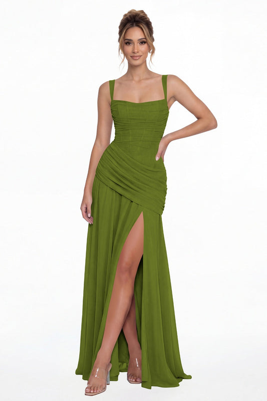 Olive Green Square Neck Ruched Chiffon Slit Maxi Gown - Front View