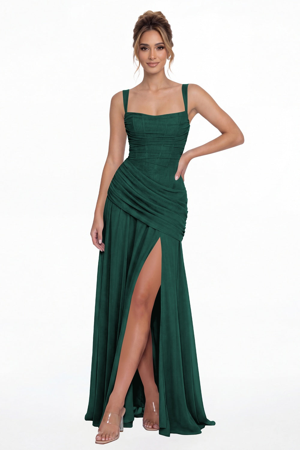 Peacock Square Neck Ruched Chiffon Slit Maxi Gown - Front View