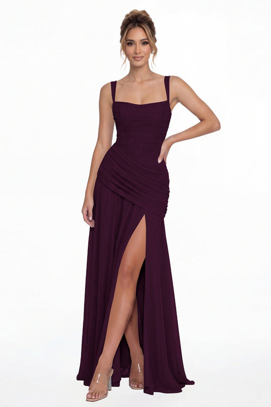 Plum Square Neck Ruched Chiffon Slit Maxi Gown - Front View