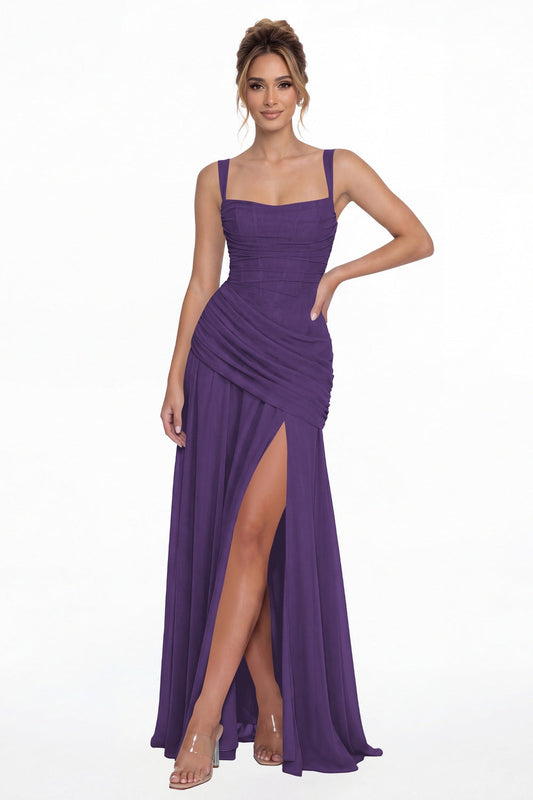 Purple Square Neck Ruched Chiffon Slit Maxi Gown - Front View