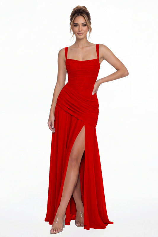 Red Square Neck Ruched Chiffon Slit Maxi Gown - Front View