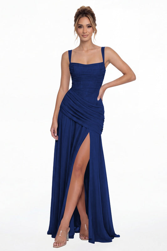 Royal Blue Square Neck Ruched Chiffon Slit Maxi Gown - Front View