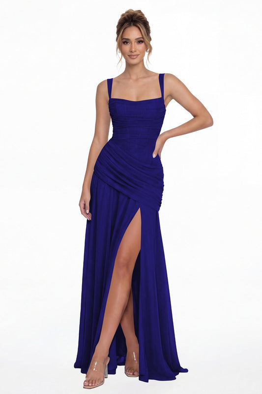 Royal Blue Square Neck Ruched Chiffon Slit Maxi Gown - Front View