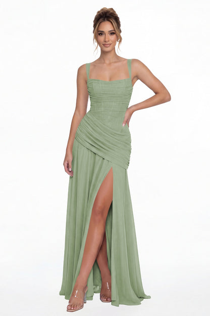 Sage Green Square Neck Ruched Chiffon Slit Maxi Gown - Front View