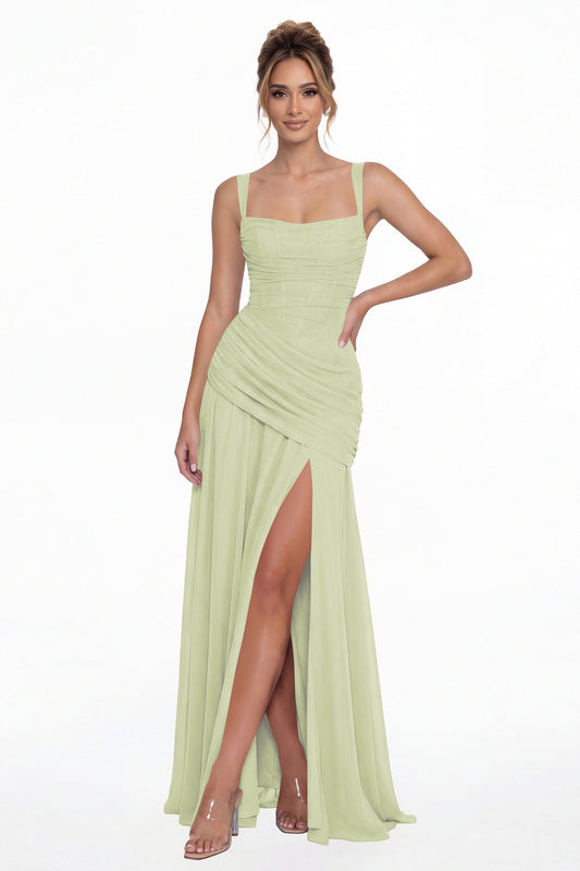 Sage Green Square Neck Ruched Chiffon Slit Maxi Gown - Front View