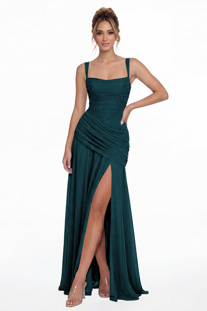 Teal Square Neck Ruched Chiffon Slit Maxi Gown - Front View