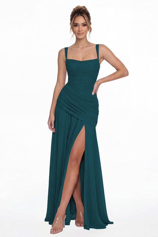 Teal Square Neck Ruched Chiffon Slit Maxi Gown - Front View
