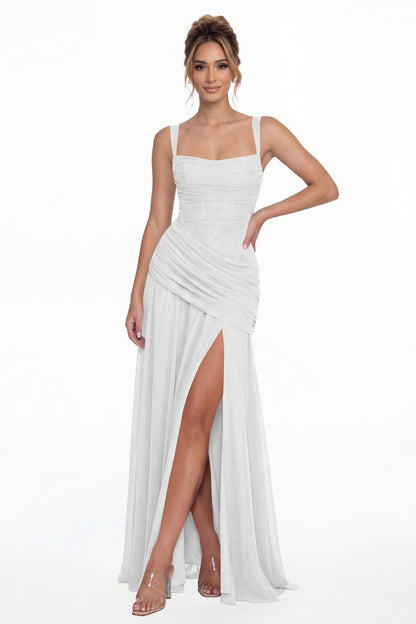 White Square Neck Ruched Chiffon Slit Maxi Gown - Front View