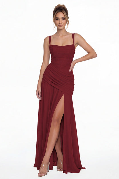 Wine Red Square Neck Ruched Chiffon Slit Maxi Gown - Front View